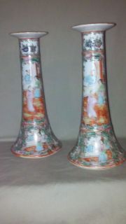 Canton Famille Rose Medallion 9 Inch Chinese Candlestick Set 1850s 