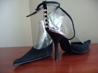 Baldowski Black Suede Leather w/ Swarovski Crystals Ankle Strap Shoes 