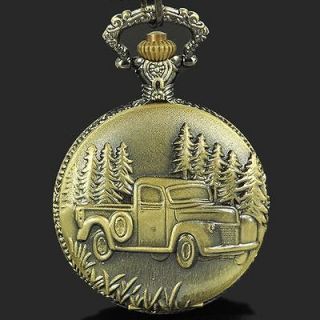 Truck Lorry Carven embossed Chain Men Pocketwatch vintage FOB Antique 