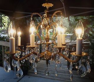 Vintage Brass Crystal Chandelier Light Fixture 5 Arm 10 Light Works 