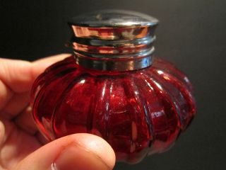 Repro 19th C Vintage Antique Round Solid Ruby Red Thick Glass Inkwell 