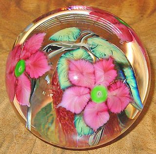 Signed David Lotton PINK CLEMATIS Cased Floral Art Glass Paperweight