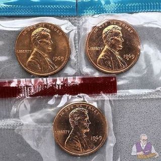 1969 P D S Lincoln Memorial Cent BU US Mint Cello 3 Coin Penny Set