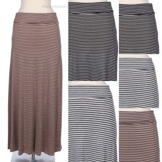 All Over Striped Folded Waistband Full Length Long Maxi Flare Skirt 