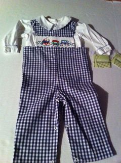 NWT ZUCCINI BOYS NAVY CHECKED SMOCKED TRAIN LONGALL WITH DRESS SHIRT 