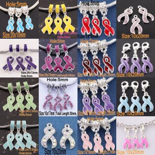   Cancer Awareness Enamel Crystal Ribbon Dangle Pendant Beads Charm