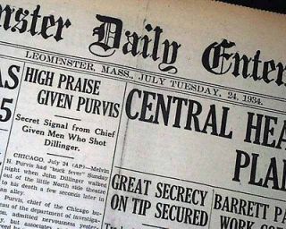   DILLINGER Assassination Shot in Chicago MELVIN PURVIS 1934 Newspaper