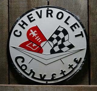 METAL CHEVROLET CORVETTE WITH RACING FLAGS TIN SIGN GARAGE CAR SIGNS