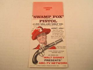 1959 Canada Dry/Disney Swamp Fox Flint Lock Pistol Promo Ad Card 