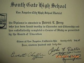   High School Diploma of Graduation Los Angeles City District 6 26 1942