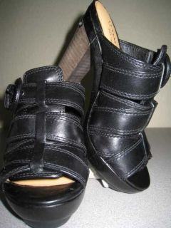 COACH PADDY Black Leather Platform Buckle Open Toe Sandal Heel Sz 5 