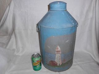 ANTIQUE LG MILK CAN DAIRY FARM CREAMERY HAND PAINTED LIGHTHOUSE RUSTIC 