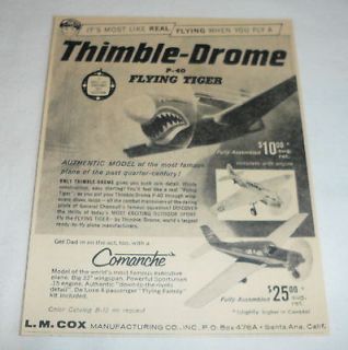 1960 Cox THIMBLE DROME ad ~ P 40 Flying Tiger +Comanche