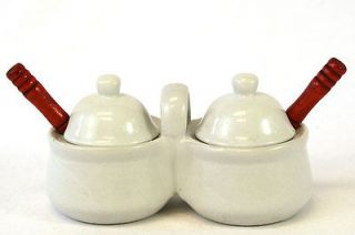 White Ceramic Double Condiment Caddy With Spoons