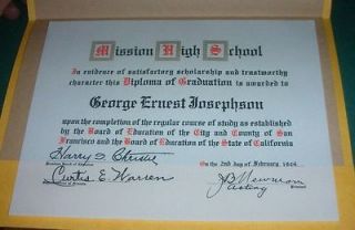 1943 Mission High School Diploma San Francisco Calif