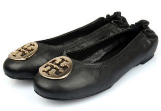 New ToryBurch Classic Reva Ballet Flats Shoes Black+ Gold Logo, Size 