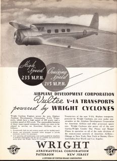1934 Wright Aeronautical Corp Ad AA American Airlines Vultee V 1A 