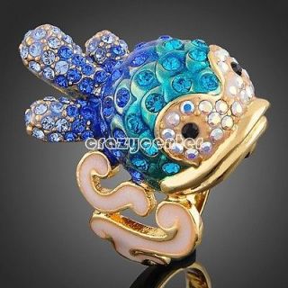 cute 18k yellow GOLD GP Swarovski crystal blue clown fish ring R52
