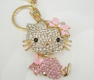   Pink Keychain Cat Hello Kitty Rhinestone Crystal Purse Bag Key Chain G