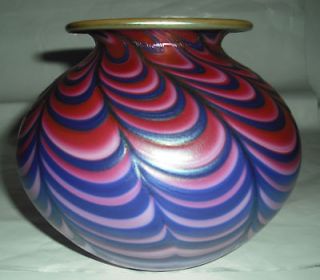 Daniel Lotton Glass Vase Blue Pink Threaded Signed Mint