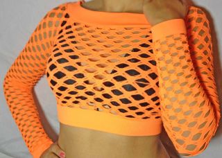 Women Orange Long Sleeve Fishnet Shirt Tops Blouse GoGo Dance Wear