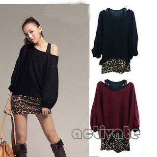 Leopard Vest With Batwing Sleeve Shirt 2 Pieces Ladies Loose Sweater 