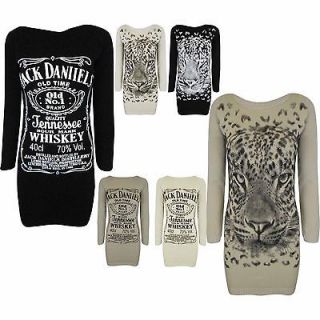 Ladies Womens Jack Daniels Tiger Face Print Knitted Jumper Bodycon 