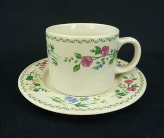 English Garden Farberware China Flat Cup and Saucer Set Floral White 