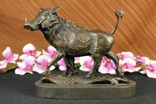 Signed Barye Wild Boar Animal Mascot Bronze Sculpture on Marble Base 