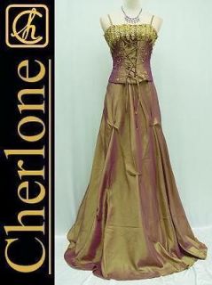 Cherlone Plus Size Satin Golden Corset Lace Long Ball Gown Evening 