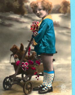 1910s Old Real Photo postcard Girl Antique TOYS STEIFF TEDDY BEAR 