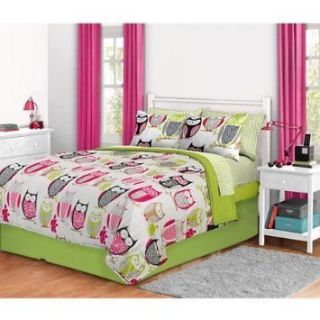 Green Pink Girls Owl TWIN Comforter/ Skirt/ Sheets Set (6 PC Bed in 