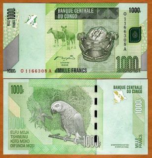 Congo D. R., 1000 (1,000) Francs, 2005 (2012), P New, UNC Parrot