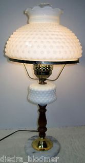   Fenton? Hurricane Milk Glass Hobnail Table Desk Lamp Light Marble Base