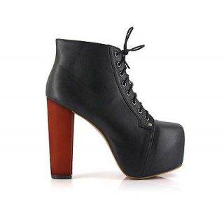 NEW Sexy Womens Black High Cuban Heel Platform Lace Up Ankle Boots 