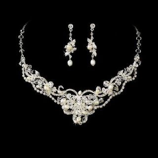Elegant Silver Freshwater Pearl & Crystal Bridal Wedding Necklace 