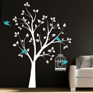 BEAUTIFUL TREE WITH BIRD CAGE AND FLYING BIRDS WALL ART STICKER DECAL 