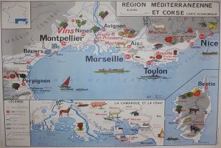 VINTAGE FRENCH SCHOOL POSTER MAP RIVIERA BOURGOGNE WINE FOOD CHEESE 