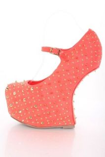 Coral Red Heel Less Spiked Curved Gravity Wedge Platform 7 6   10 