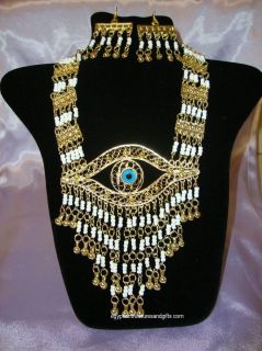 EGYPTIAN Pharaonic Goldtone White Bead Necklace & Earrings *Eye of 
