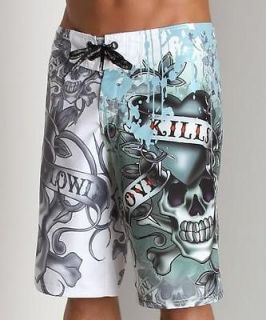 NWT Ed Hardy Love Kills Slowly Paint Boardshorts White size 32