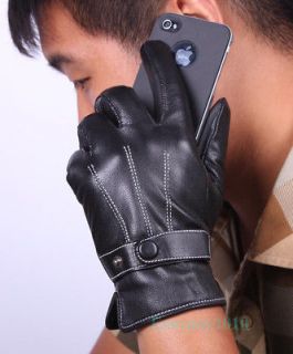 New Fashion Black Mens 3 Lines Winter Warm Driving Gloves PU Leather 