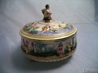 Vtg Italian Pottery Capodimonte Cherub Style Bowl Dish Trinket Box