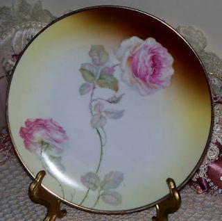 Antique 8 KLGermany Floral Porcelain Plate Pink Roses Vintage Gold 