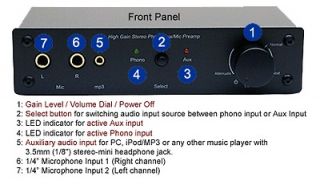 Professional Preamp With Phono Microphone Aux Stereo Inputs + Volume 