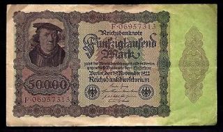 Germany Reichsbanknote 50000 Mark 1922 P79 @ F VF   Large Note