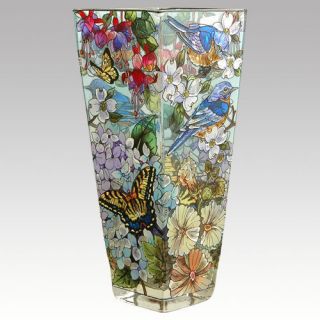 New BLUE SKIES BLUE BIRDS Flowers STAINED GLASS 10 in VASE by Amia 