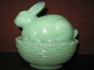 Jadeite green milk glass bunny rabbit on nest basket candy dish easter 