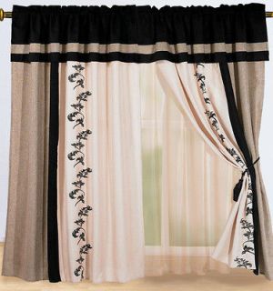 4pcs Cream Black Beige Floral Linen WINDOW CURTAIN/DRAPE Set with 