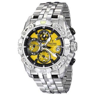 Festina Mens Silver Stainless Steel Watch Yellow Dial Chronograph 